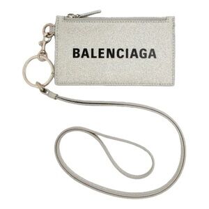 Balenciaga Sparkling Fabric Card Case on Keychain Lanyard Silver Shiny Necklace
